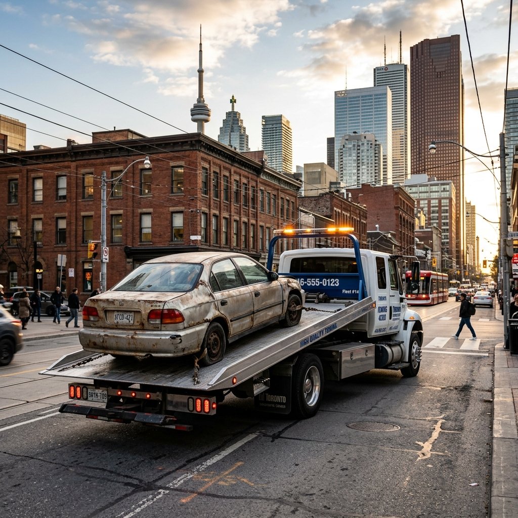 Eco-friendly auto recycling and scrap car towing truck operating in Toronto and GTA
